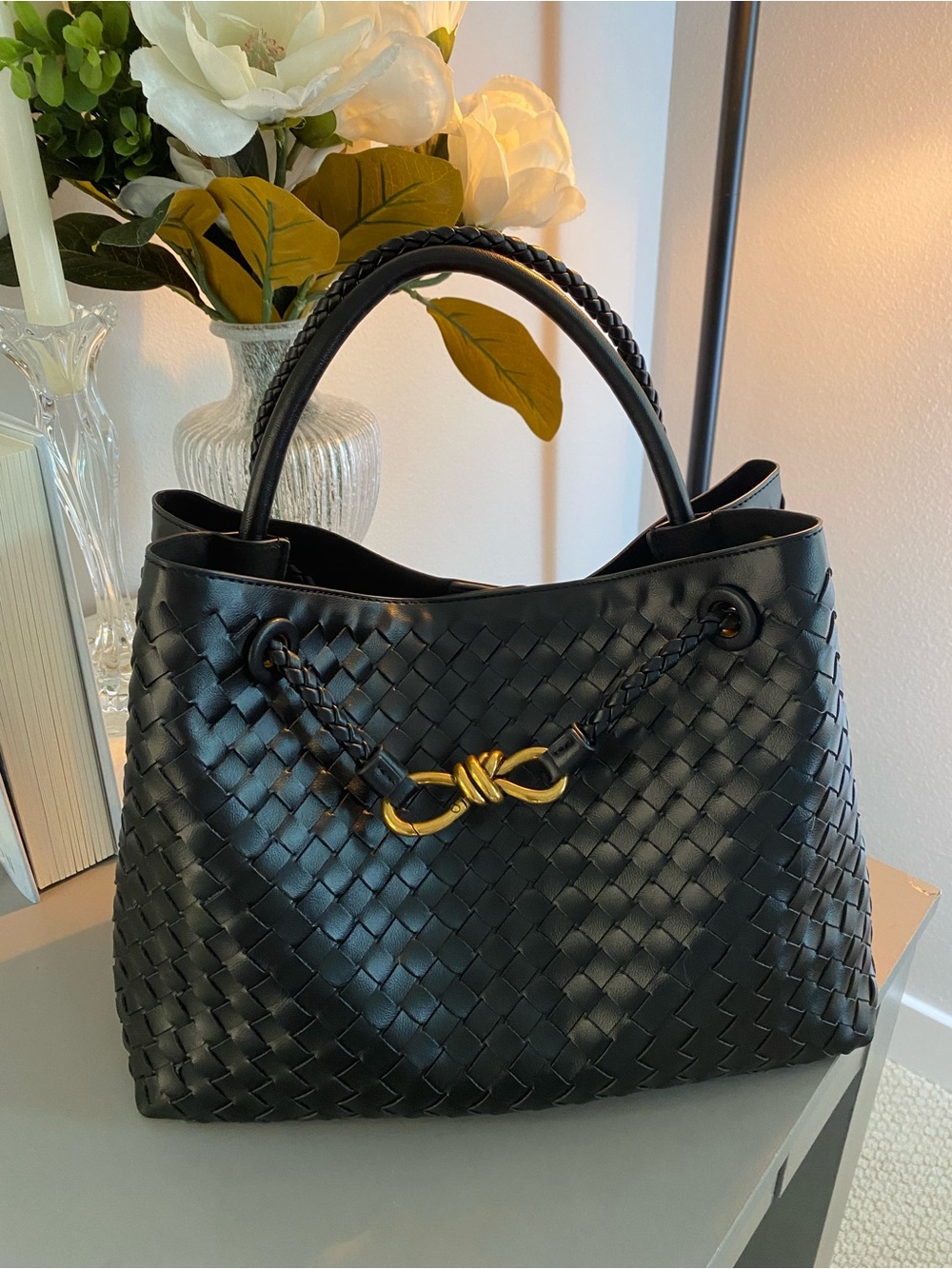 Fashion Nova Black Woven Shoulder Bag with Gold Knot Accent/NWOT/NEVER USED